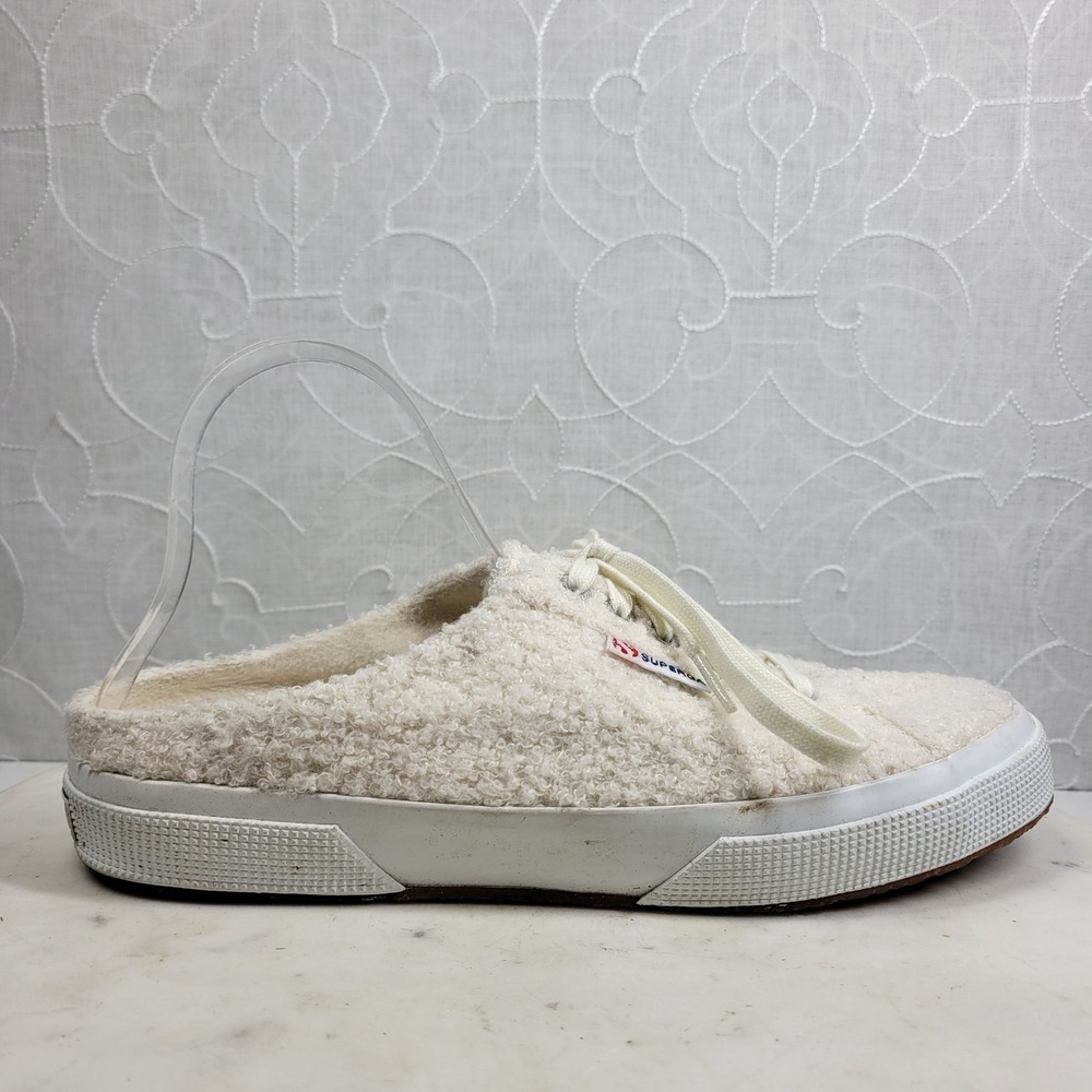 SuperGA Teddy Shearling Mule Sneakers US 9.5 Ivory Slip On Sherpa Boucle Cozy